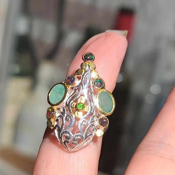 Emerald Opal & Chrome Diopside dome ring sz6 - Picture 9 of 10